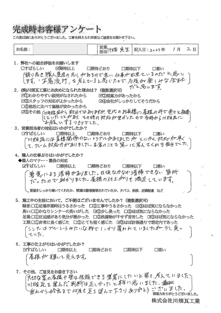 善意による清掃がありました。日頃なかなか清掃できない箇所だったので助かりました。