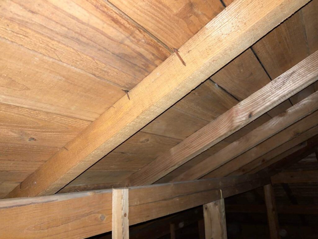 室内への雨漏りが生じていたことを受けて天井裏を調査したところ、雨漏りの跡が見つかりました。屋根の葺き替えを行い、雨漏りの解消を目指していきます。