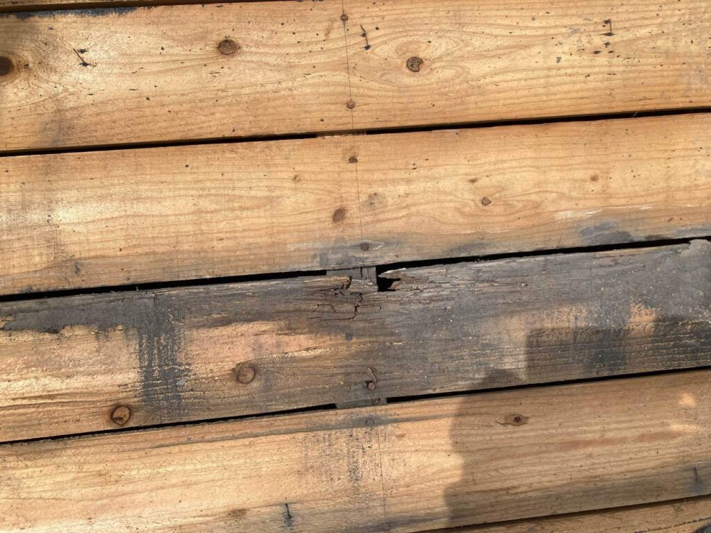 雨漏りにより、湿気で腐ってしまった下地の野地板。